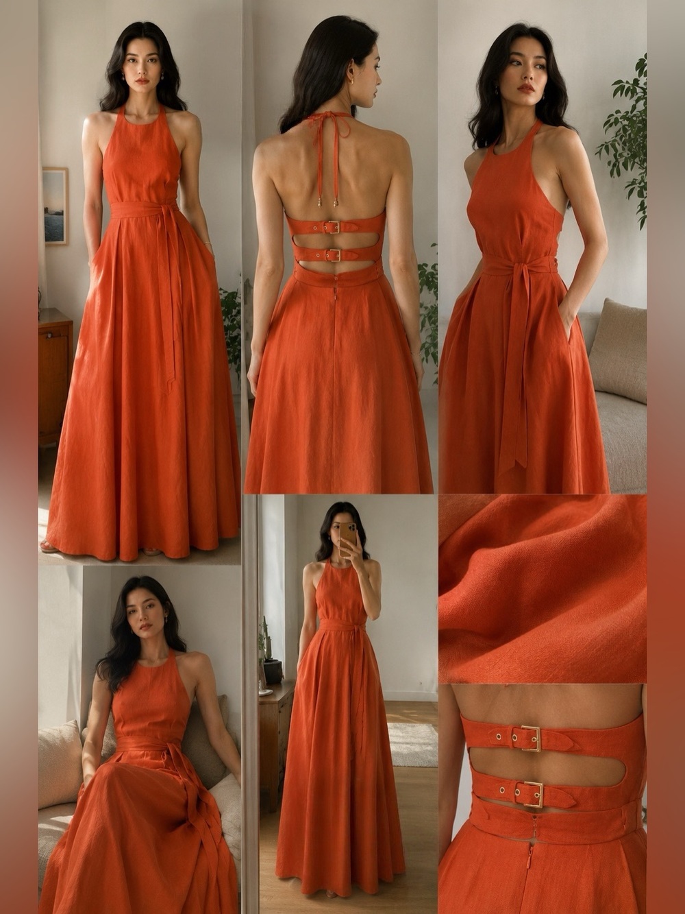 Reiss Coral Orange Terracotta Paules 100% Linen Open-Back Maxi Dress NWOT